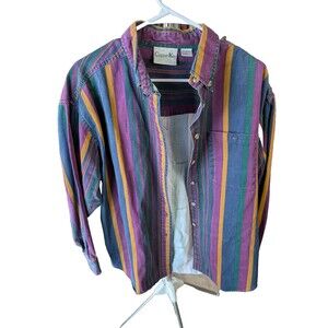 Vintage Copper Key Striped Button-Up Shirt Men's L Retro Casual